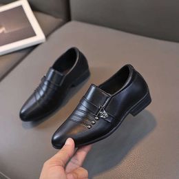 New Kids Boys Performance Mary Jane for Fashion Party Wedding Shows Children Black Slip-on Loafers Leather Shoes L2405 L2405