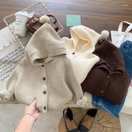 Jackets Baby Girl Winter Clothes Kids Cloting Sweater Hooded Autumn Knitted Soild Colour Cardigan Korean Coat Warm Single Breasted Cotton