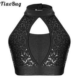 Vest Sparkling sequin crop top for children and girls sleeveless keyhole vest top of the line gymnastics dance performance competition costumesL240502