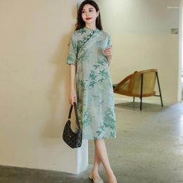 Party Dresses Chinese Style Bamboo Leaves Printed Improved Green Cheongsam For Women Retro Slanted Breasted Loose Causal Midi Dress