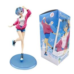 Action Toy Figures 26CM Japanese anime characters Red coat blue hair cute girl Standing Model PVC Static Toys Doll Blister color box packaging Y240516