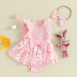 Girl's Dresses 0-18M Newborn Baby Girls Romper Dress Easter Clothes Floral Print Lace Ruffle Bodysuit and Headband Set Summer Infant Outfits