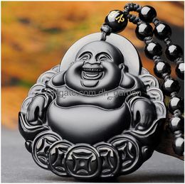 Pendant Necklaces Natural Obsidian Money Buddha Necklace China Hand Carved Fashion Jewelry Accessories Gifts For Men And Women Wholesa Otr8Z