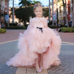Lovely Pink High Low Girls Pageant Dresses O Neck Ruffles Tiere Prom Party Gown Black Bow Tie Belt Layered Kids Celebrity Dress 0516