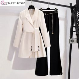 Spring Laceup Pleated Suit Dress Jacket Blazer Chain Pants Twopiece Elegant Womens Office Outfits 240428