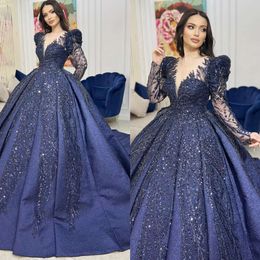 Navy Blue Muslim Evening Dresses Elegant Sheer V Neck Long Sleeves Ball Gown Turkish Kaftan Dress Crystal Beaded Ruffle Formal Gowns For Women 0516