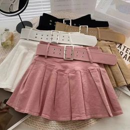 MEXZT Y2K Belt Mini Skirt Women Streetwear High Waist Pleated Skirts Summer School Uniforms Korean Black A Line Short Skirt 240516