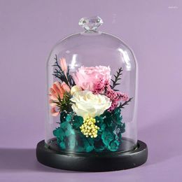 Decorative Flowers Romantic Valentine's Day Gifts Colorful Rose Bouquet 2024 Home Decore Dried In Glass Dome LED Light Wedding Decoration