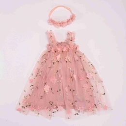 Girl's Dresses Preschool girl Tutu dress with sleeveless embroidery floral print sheer dress little girl princess dress with floral headband WX