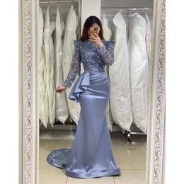 Blue Mermaid Muslim Evening Dresses Elegant Jewel Neck Sequins Long Sleeves Turkish Kaftan Dress Pleats Waist Satin Special Ocn Formal Dresses For Women 0516