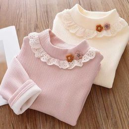 Pullover Girls Underwear 2024 New Winter Childrens Half High Collar Girl Baby Foreigner Cute Plush Thick Top Girl T-shirt for ChildrenL240502