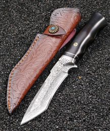 New A2567 High End Damascus Straight Knife Damascus Steel Tanto Blade Ebony with Steel Head Handle Outdoor Fixed Blade Hunting Knives With Leather Sheath
