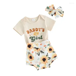 Clothing Sets Toddler Infant Baby Girl Summer Outfits Letter Print Short Sleeve Rompers Sunflower Shorts Headband 3Pcs Clothes Set