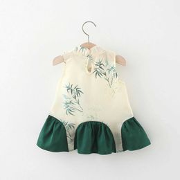 Girl's Dresses Summer New Girl Baby Dress Qipao Chinese Style Su Style Exquisite Green Neckline Ink Painting Bamboo Fashion Childrens Wear