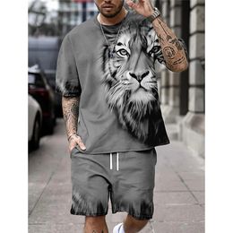 Summer Fashion Animal Print Mens TShirt Set ONeck ShortSleeved Top And Shorts Everyday Street Casual Wear For Men 240513