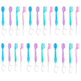 Disposable mini travel toothbrush with complete oral care including toothbrush dental pad tongue cleaner floss and pickaxe 24 packs 240513