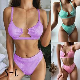 Women's Swimwear Fashion Sexy Women Solid Buckle Bikini Push-Up Padded Swimsuit Set Womens Swimming Suit Tops