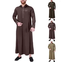 Ethnic Clothing Mens Muslim Robe Summer Casual Stand Neck Solid Colour Middle East Arab Long Sleeve Style Jubba Thobe Male Abaya