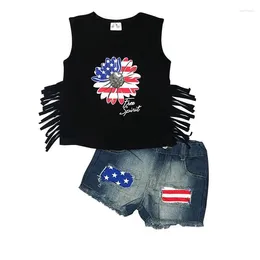 Clothing Sets Summer Girls Heart Star Sunflower Print Independence Day Tank Top Short Sleeve T-shirts With Washed Denim Jeans Shorts Outfit