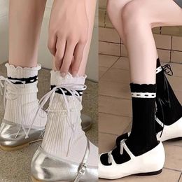 Women Socks B36D Japanese Ruffle Frilly Middle Tube For Girl Ribbon Tie Bowknot Ribbed Cotton Stockings