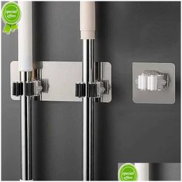 Kitchen Towel Hooks New Adhesive Mti-Purpose Wall Mounted Mop Organiser Holder Rack Brush Broom Hanger Hook Bathroom Strong Drop Deliv Dhpp4