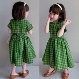 Girl's Dresses 3-8T Summer Girl Dress O-neck Short sleeved Green Plain Bow Strapless Princess Dress Korean Preschool Baby Girl Tank Top WX