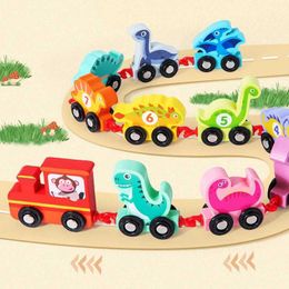 Diecast Model Cars Magnetic Wooden Dinosaurs Train Set 11 Wooden Toys with Digital Color Childrens Train Learning Car 2-5 Montessori Toys WX