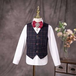 Kids Gentleman Jakcet Vest Pants 3PCS Photograph Dress Boys Luxurious Wedding Suit Children Teenagers Formal Stage Show Costume