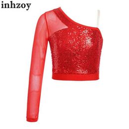 Dancewear Kids Girls Latin Jazz Dance Performance Costume Glitter Sequins Tops Sheer Mesh Long Sleeve Crop Top Ballet Gymnastics DancewearL2405