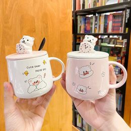 Mugs Personality Cartoon Cute Bear Coffee Water Cup With Lid And Spoon Ceramic Gift For Women Lovers Children