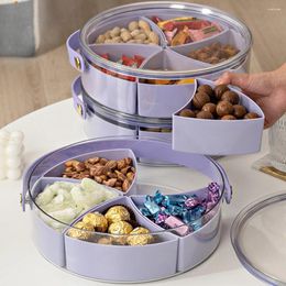 Plates Portable Round Plastic Fruit Tray With Lid And Handle Clear Divided Serving Snack Box Container For Candy Nuts