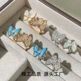 Vaned Ring Charm Design Gold Precision Butterfly White Fritillaria Double Full Diamond Blue Turquoise Fashion Luxury with original logo box