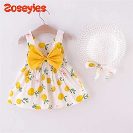 Girl's Dresses Baby girl dress Orange printed skirt to send a lovely cotton back parasol hat bow princess hollow candy Colour skirt