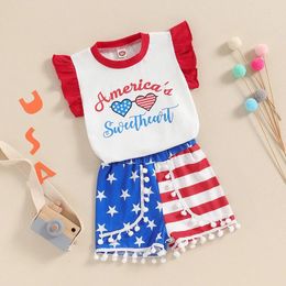Clothing Sets Toddler Baby Girl 4th Of July Outfits Ruffle America Sweetheart T-shirt Star Stripe Tassel Shorts Set