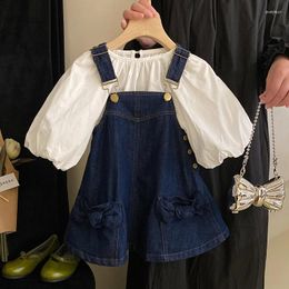 Clothing Sets Korean Version Childrens 2024 Spring Girl Temperament Shirt Bow Skirt Set Kids Sweet Designable Clothes