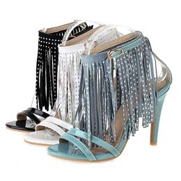 Fashion Tassel Sandals Women's Shoes Sexy High Heels Summer For Women Plus Size 43 Party Female Blue White Black 9e32