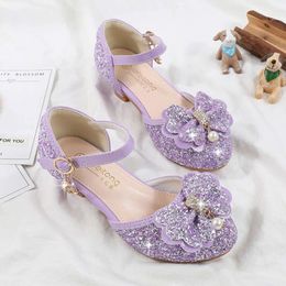 Children's Sandals for Party Wedding Elegant Bowknot Kids Girls Versatile Sequins High-heels Fashion Pearl Princess Single Shoes L2405 L2405