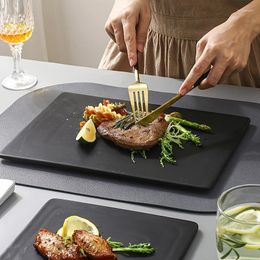 Plates Black Matte Flat Plate Household Ceramic Steak Solid Color Square Dinner Creative Set And Dishes