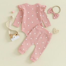 Clothing Sets Born Baby Girl Waffle Knit Outfit Heart Print Ruffle Long Sleeve Romper Pants Headband 3Pcs Set Valentine Clothes