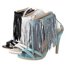Tassel Sandals Fashion Women's Shoes Sexy High Heels Summer For Women Plus Size 43 Party Female Blue White Black 5659
