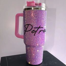 Personalized Rhinestone 40oz Tumbler with Handle Lid and Straw Thermos Bottle Stainless Steel Tumbler Gift for Mom Gift for Her 240507