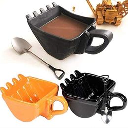 Cups Saucers Creative Excavator Shovel Coffee Tea Cup Mechanical Bucket With Spoon Christmas Gift Black Yellow Orange