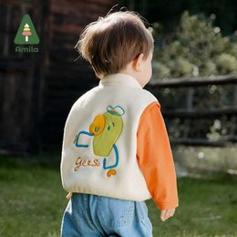 Pullover Amila Baby Jacket Coat Spring 2024 New Stand Collar Solid Color Cartoon Cute Casual Fleece Girls Boys Winter ClothesL240502