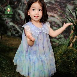 Girl's Dresses Amila 2024 Summer New Girls Skirt Lapel Embroidery Smudging Craft Sweet and Cute Fairy Purple Dress 0-6YL2405