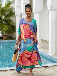 Boho Floral Print Kaftan Maxi Dress Bathing Suit Cover Up Summer Casual V-neck Half Sleeve Beachwear Bikini Cover-ups Q1546