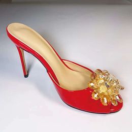 women Ladies 2024 Genuine real leather high heels summer sandals bead 3D flower Flip-flops slipper slip-on wedding dress Gladiator sexy shoes diamond 34-43 3 d9e9