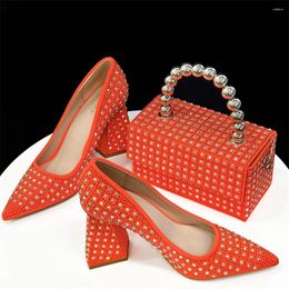 Dress Shoes Orange Women And Bag Set To Match 2024 African Ladies High Heels Stones Pumps With Handbag Fashion Escarpins Femme CR376