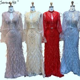 Party Dresses Dubai Grey Mermaid Luxury Evening 2024 Sleeveless Feathers Beaded Shawl Yarn Formal Dress Serene Hill LA70421