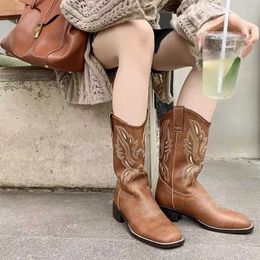 Boots Luxury brand womens boots embroidered Western style leather mid calf denim winter short and chubby high heels autumn shoes H240516