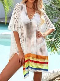 Beach Tunic Women Patchwork Knitted Crochet Dresses 2024 Loose Transparent Cover Ups For Swimwear Bathing Suits